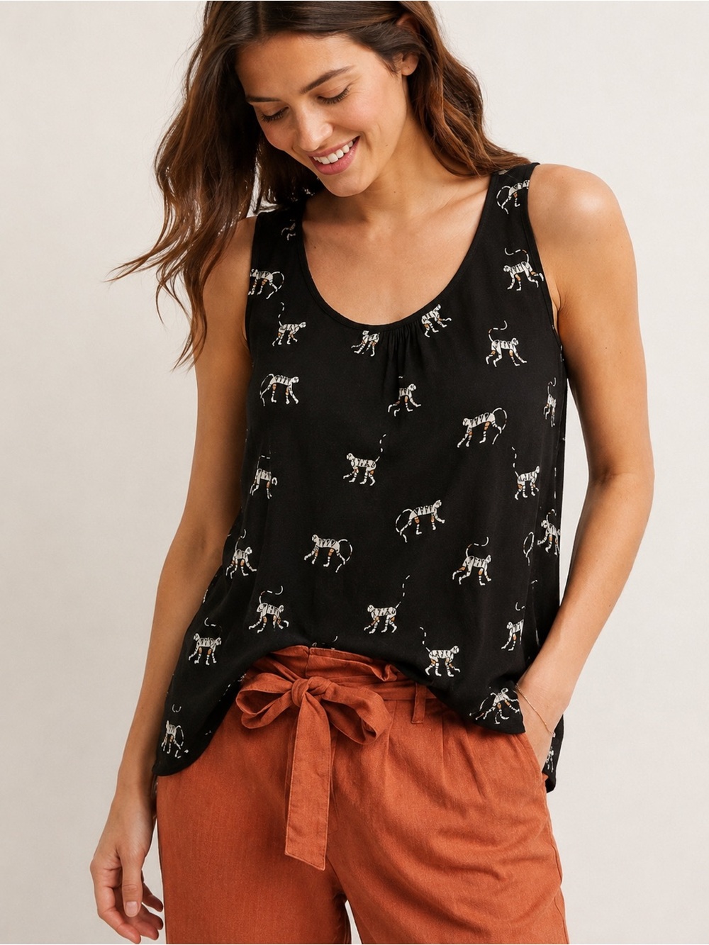 Fat Face Monkey Print Tank Top Linen Blend Swing Top Size 4